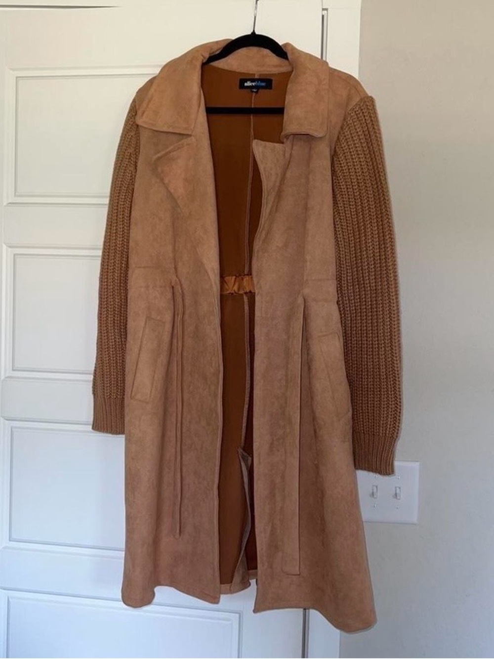 Alice Blue Tan Suede Trench Coat with Knit Sleeves